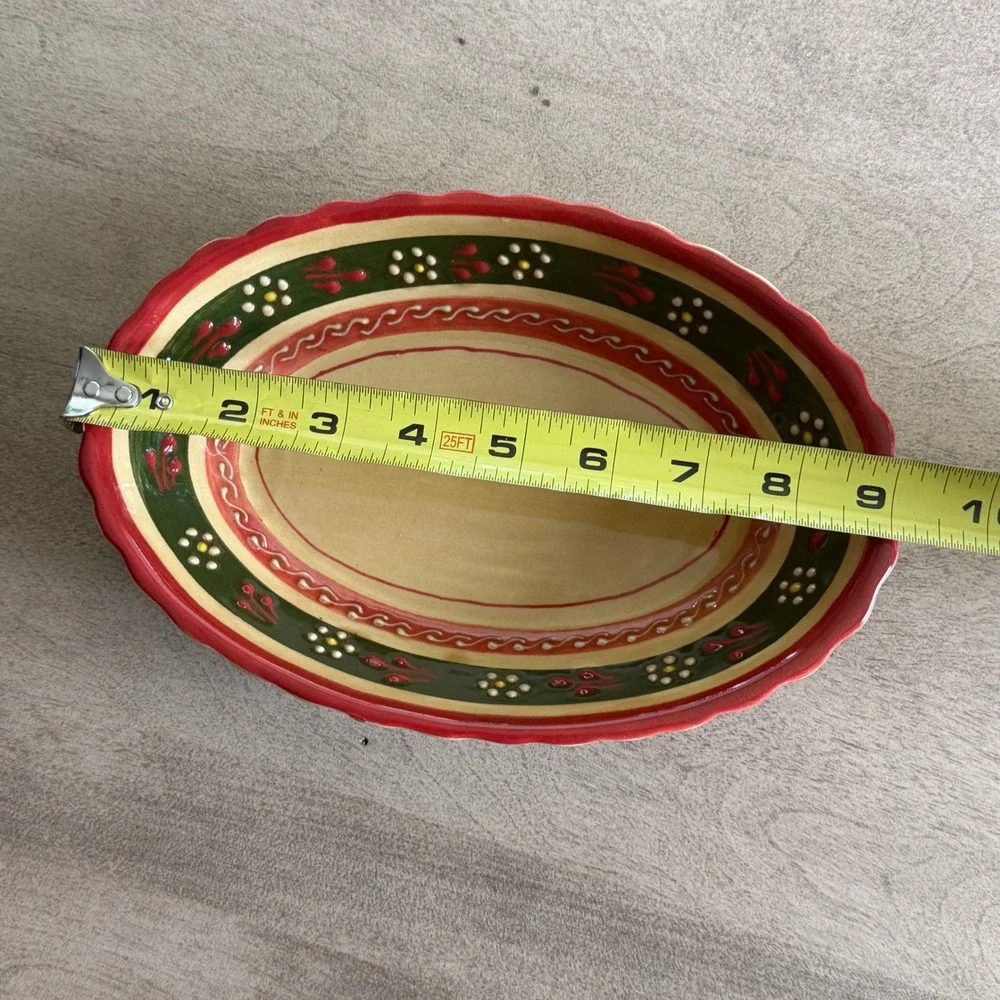 Hand Painted Ceramic Oval Serving Bowl Scalloped Rim Floral Folk Art Red Green